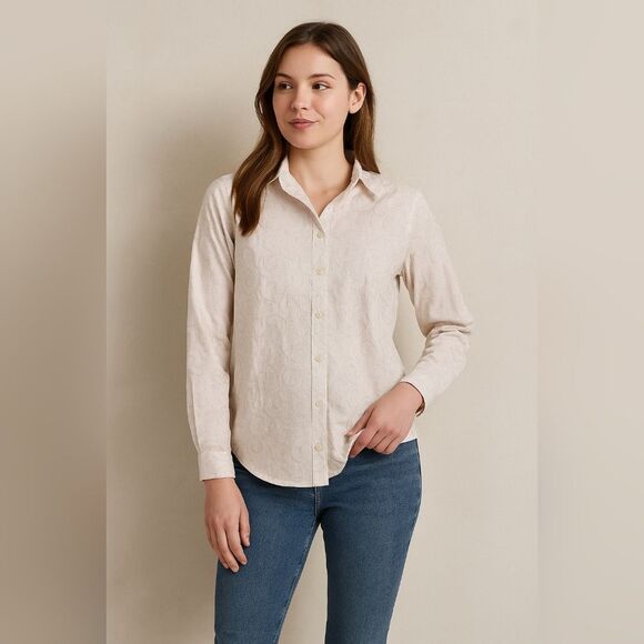 Powder Pink Grey Wrinkle Resistant Printed Button Up Shirt L Blouse Quiet Luxury - Picture 1 of 7